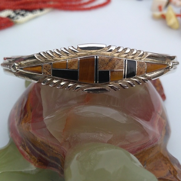 Navajo THOMAS FRANSISCO Tiger Eye Jasper Onyx Inlay Sterling Silv Cuff Bracelet - Picture 8 of 8